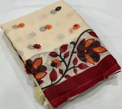 Linen Jamdani Style Printed Saree - Off White